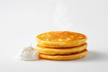 Golden stack of pancakes with a side of white creamy topping on a plain white background.