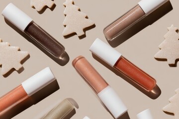 Colorful Lip Glosses Arranged with Holiday Themed Decorations on a Soft Background