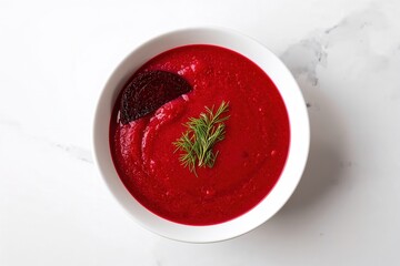 Overhead view: vibrant beet soup in a white bowl, topped with dill and a beet slice.