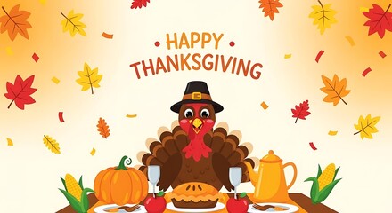 Naklejka premium Festive thanksgiving illustration featuring a turkey wearing a pilgrim hat, a table with food, and falling leaves on a light orange background