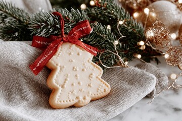 Festive Christmas Cookie Decorated with Red Ribbon and Surrounded by Holiday Decorations