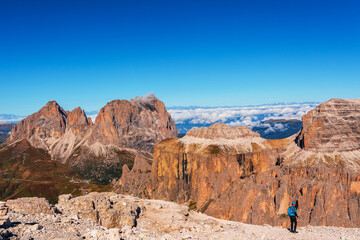 Panoramic view from the Dolomite Terrace of the Langkofel Group massif in South Tyrol, Italy.
