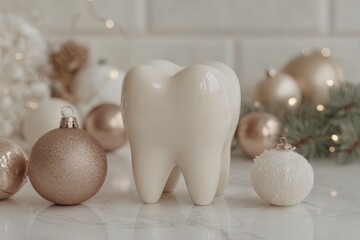 Ceramic Tooth Decoration Surrounded by Christmas Ornaments and Pine Branches