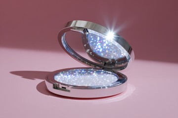 Shimmering Compact Mirror with Glittering Surface on Pink Background