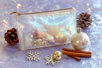 Festive Christmas Pouch with Ornaments and Pinecones on Glittery Background