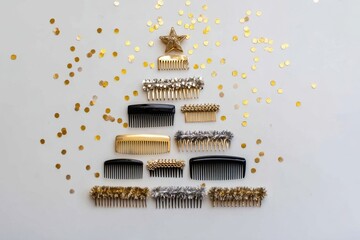 Creative Arrangement of Hair Combs Forming a Christmas Tree with Golden Confetti