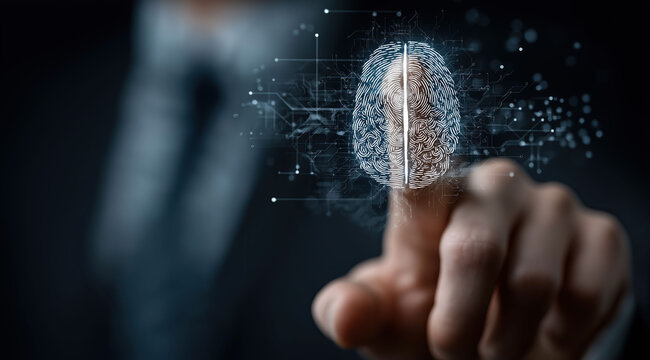 Digital fingerprint biometric security interface enables personal identity authentication and protection.