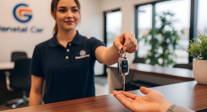 Car Rental Service: Smiling Agent Handing Over Vehicle Keys to Customer at Desk