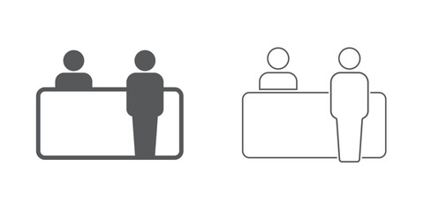 Exhibitor icons in black outline, solid and colored style.Information kiosk with paper brochure for help desk customer service assistance point tourist guide booth support center vector solid glyph ic