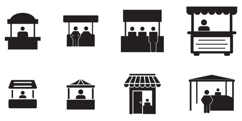 Exhibitor icons in black outline, solid and colored style.Information kiosk with paper brochure for help desk customer service assistance point tourist guide booth support center vector solid glyph ic