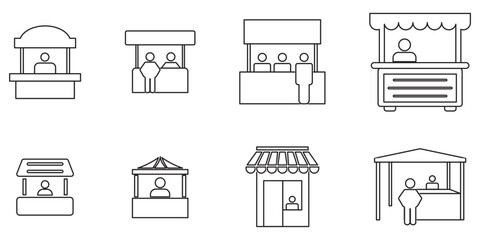 information booth icons with people and info symbols in outline and flat style , help desk customer service assistance point tourist guide booth support center icon