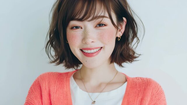 女性がコーラルの服で明るく微笑む