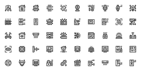 Smart Home & Domotics Icon Set. Minimal vector iconspack featuring shield, autmation, voice control, secrity, thermostat, smart deices, sensors, and renewabe energy symbols. Editablestroke.