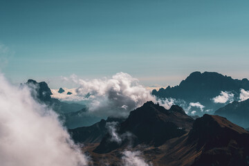 Panoramic view from the Dolomite Terrace of the Dolomites in South Tyrol, Italy.