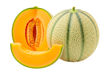 Cantaloupe melons isolated on transparent background, one cut in half and a slice