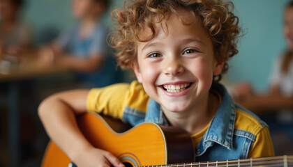 Happy curly boy plays acoustic guitar smiling in music class. Joyful child learns musical instrument at school lesson. Young student enjoys creative hobby, expressing passion for art. Kid guitarist