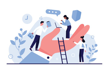 Support and care of corporate company manager for wellbeing and safety of employees. Giant boss hand holding tiny people working with laptop in comfort environment cartoon vector illustration