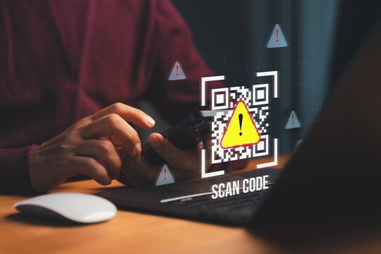 Cybersecurity warning about QR code scams showing a person scanning a code with a smartphone, with digital warning symbols representing phishing, data theft, and online fraud risk. - Powered by Adobe