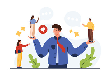 Business soft skill of active listening in negotiation. Big boss or manager holding tiny office employees, listen decisions and opinions of talking people on meeting cartoon vector illustration