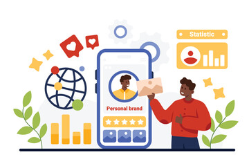 Personal brand presence strategy, online identity management in social media. Tiny man building reputation for blog owner with original digital content and marketing cartoon vector illustration