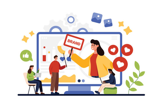 Personal branding online course. Tiny people create brand identity and recognition by customers on marketing lesson or webinar, teacher with pointer teaching students cartoon vector illustration