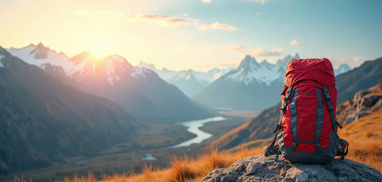 Red travel backpack stands on rock at mountain peak. Scenic landscape of valleys snowy peaks and setting sun. Outdoor travel adventure nature concept. - Powered by Adobe