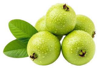Pile of fresh green guavas isolated on transparent background with leaves