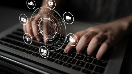 Multimedia technology with video, audio, photo and streaming icons representing digital media, communication and online platforms in a modern multimedia world. Entice