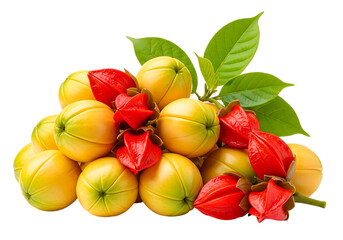Pile of yellow fruits with red calyxes isolated on transparent background