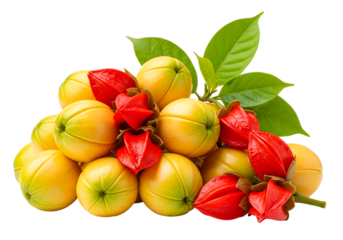 Pile of yellow fruits with red calyxes isolated on transparent background