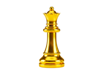 A golden queen chess piece isolated on transparent background, a symbol of strategy