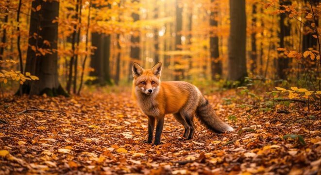 A Majestic Red Fox Gazing Intently from a Golden Carpet of Autumn Leaves. - Powered by Adobe