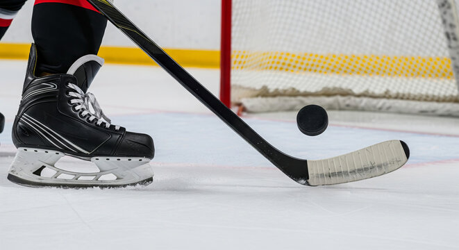 Young hockey player practicing on ice rink during winter, concept of sports training, ice skating, game preparation, team spirit, athletic skill improvement - Powered by Adobe