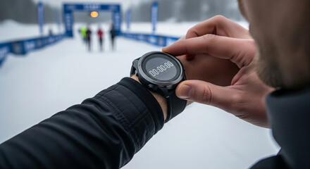 Man setting smartwatch timer for snowy marathon race on winter day. concept of timekeeping, outdoor fitness, race preparation