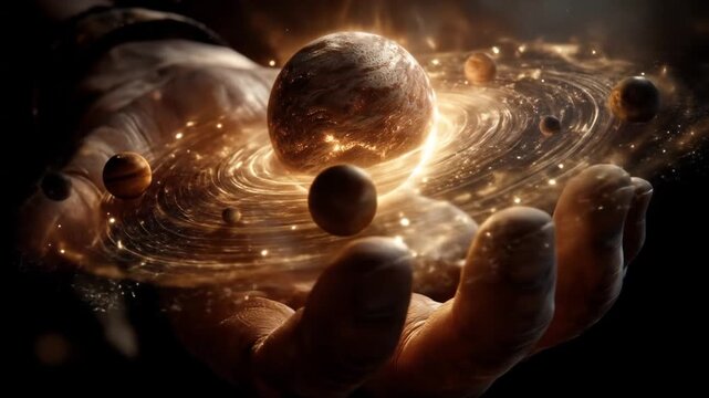 Cosmic hand holding glowing galaxy and orbiting planets, concept of divine creation, destiny, and universal power