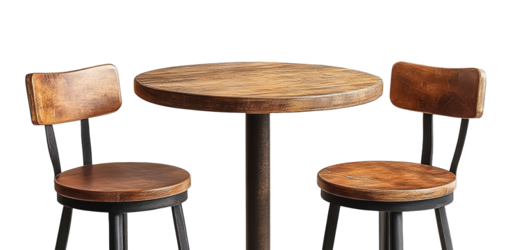  bar table and two industrial-style chairs, isolated on a transparent background
