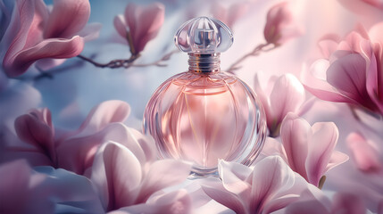 Elegant glass perfume bottle surrounded by blooming pink magnolia flowers, soft pastel background, romantic and luxurious fragrance concept
