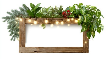Wooden frame with lights and plants on it. The frame is white and the plants are green