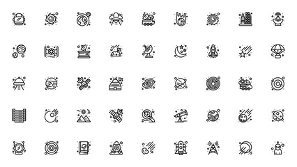 Space icon set. Vector illustration. Includes astronut helmet, black hole, spaeship, satellite, rocket, lanets, UFO, telescope, soar system and more. Editabe stroke. © wang