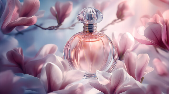 Elegant glass perfume bottle surrounded by blooming pink magnolia flowers, soft pastel background, romantic and luxurious fragrance concept