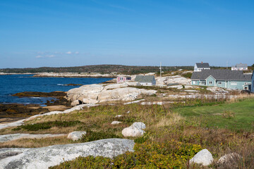 Peggys Cove, Canada - October 06, 2025: Picturesque fishing village on Nova Scotia’s coast, where colorful houses and boats reflect the charm of authentic maritime life.