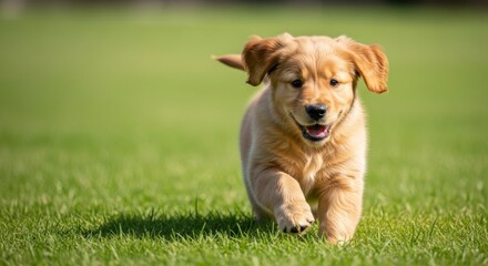 Playful Golden Retriever Puppy Joyfully Galloping Across Lush Green Grass in Sunlight.