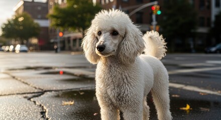 Elegant White Poodle Standing on Wet Street, Golden Hour Light, Urban Scene.