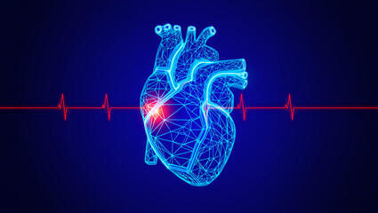 Glowing Wireframe Heart With Red Pulse Line blue