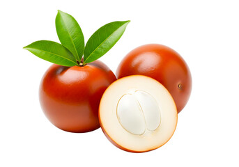 Three shiny buriti fruits isolated on transparent background, one cut in half