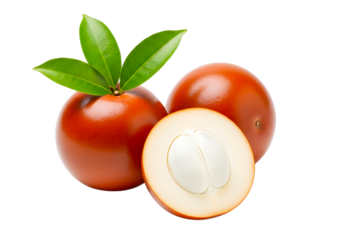 Three shiny buriti fruits isolated on transparent background, one cut in half