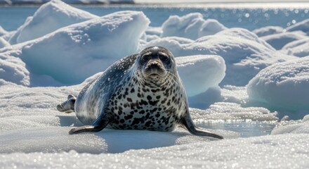 Leopard Seal Portrait - Striking Spotted Fur on Antarctic Ice, Direct Gaze.