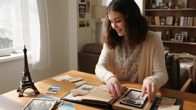 Female Asian Adult Organizing Old Photographs at a Table with Eiffel Tower Model
