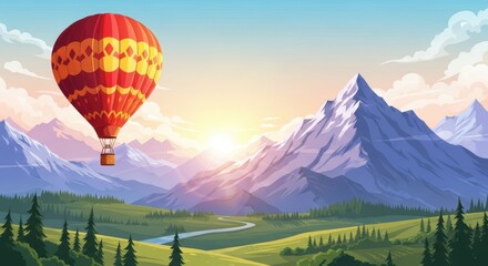 Obraz premium Vibrant hot air balloon soaring over majestic mountain landscape at sunrise