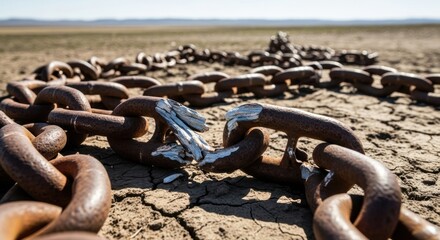 Broken Rusty Chain Links Scattered Across Arid Cracked Earth Under Vast Sky.